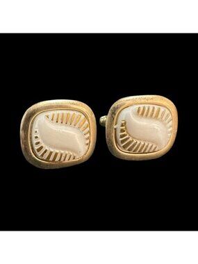 Vintage Cufflinks Gold Tone White Center Wavy Lines Mens Accessories